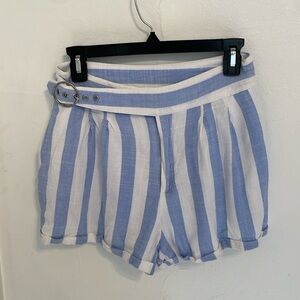 Free People Blue and White Striped Linen Buckled Shorts (S)